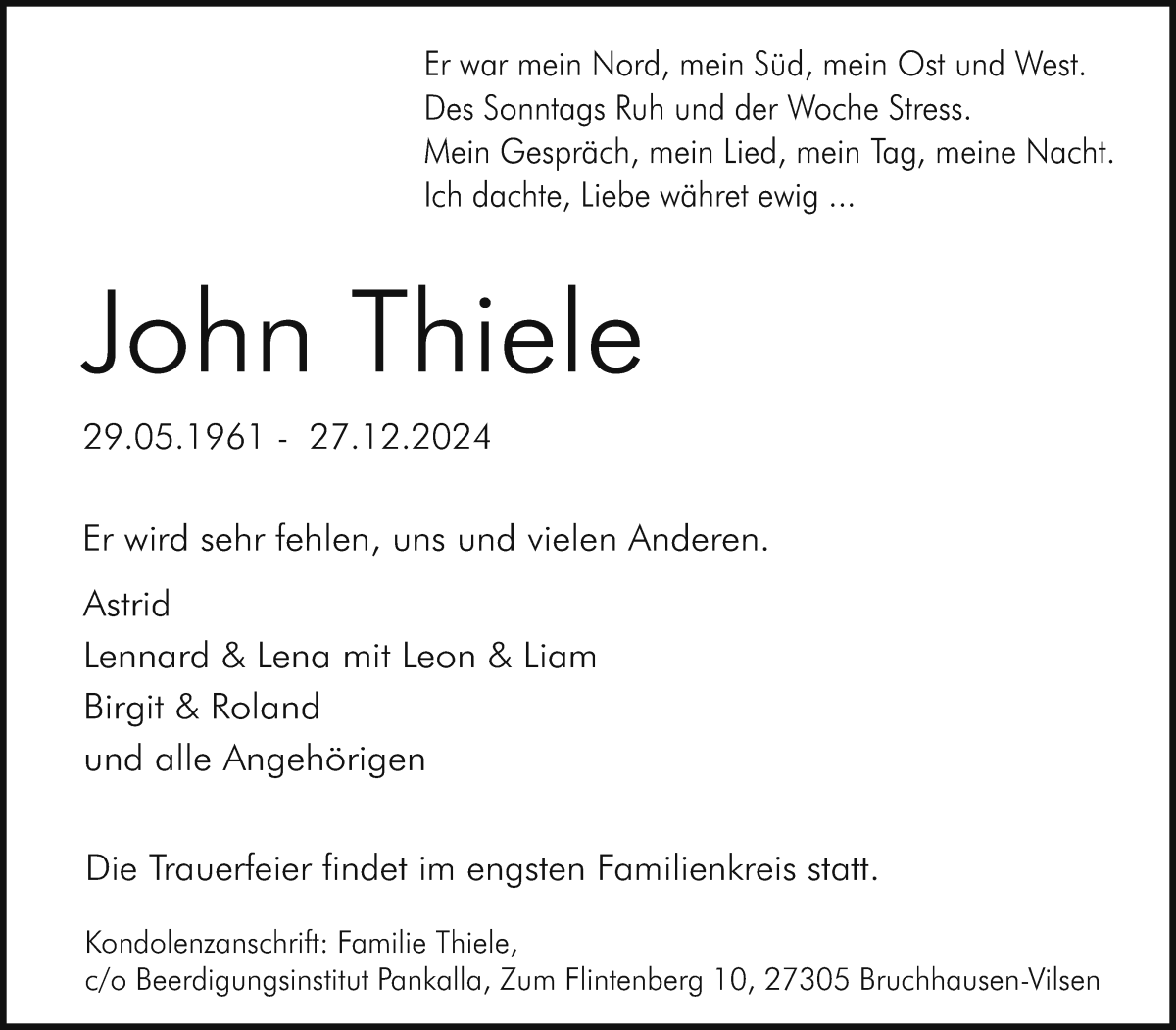 Traueranzeige von John Thiele von WESER-KURIER