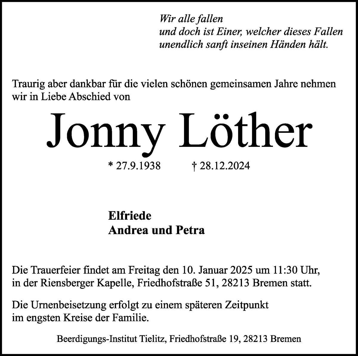 Traueranzeige von Jonny Löther von WESER-KURIER