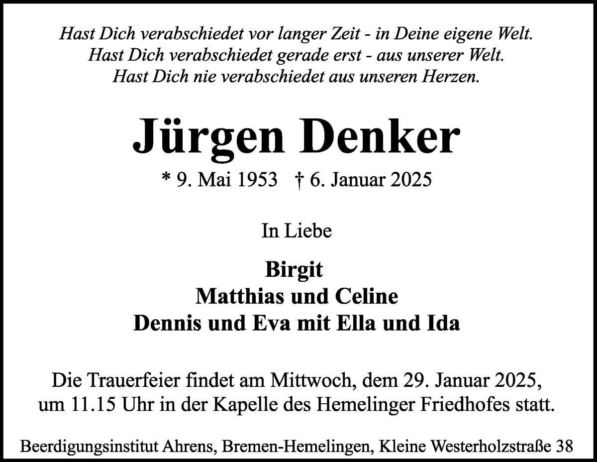 Traueranzeige von Jürgen Denker von WESER-KURIER