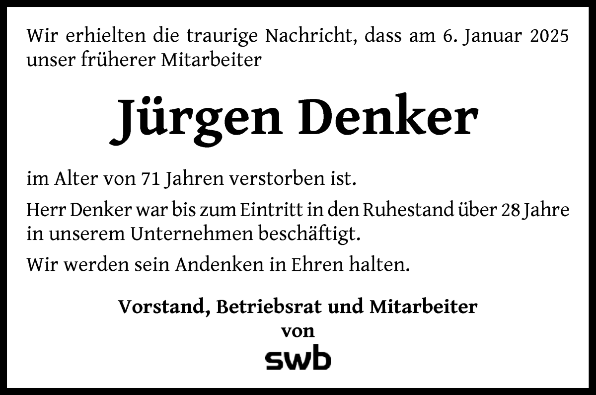 Traueranzeige von Jürgen Denker von WESER-KURIER