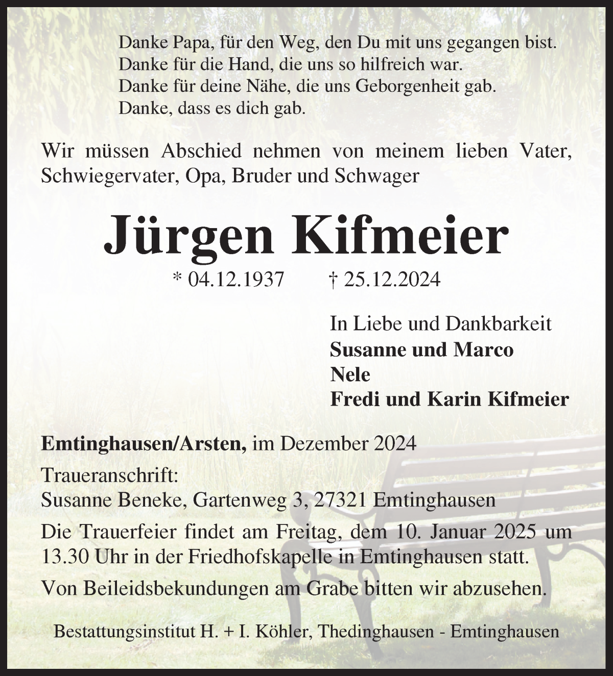 Traueranzeige von Jürgen Kifmeier von WESER-KURIER