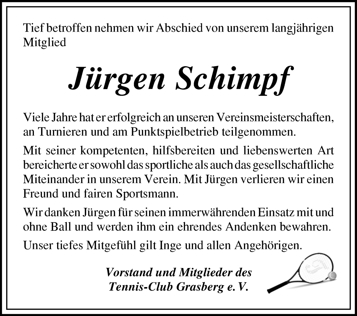 Traueranzeige von Jürgen Schimpf von Wuemme Zeitung