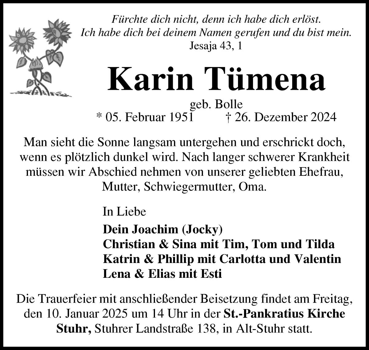 Traueranzeige von Karin Tümena von WESER-KURIER