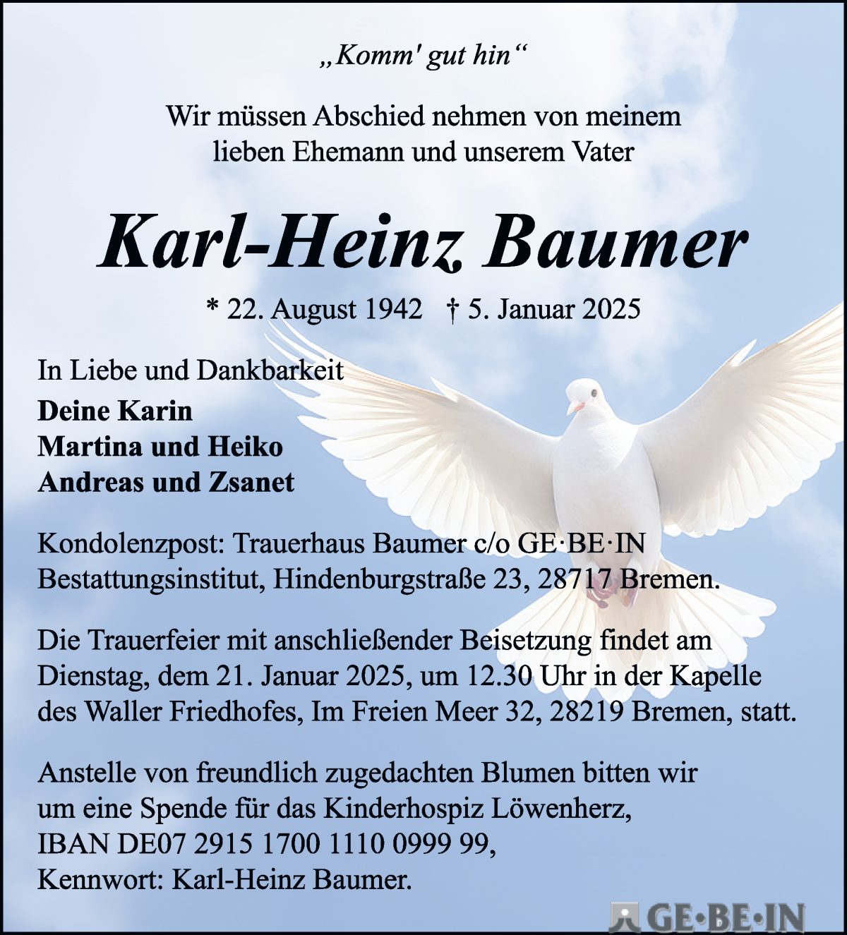 Traueranzeige von Karl-Heinz Baumer von WESER-KURIER