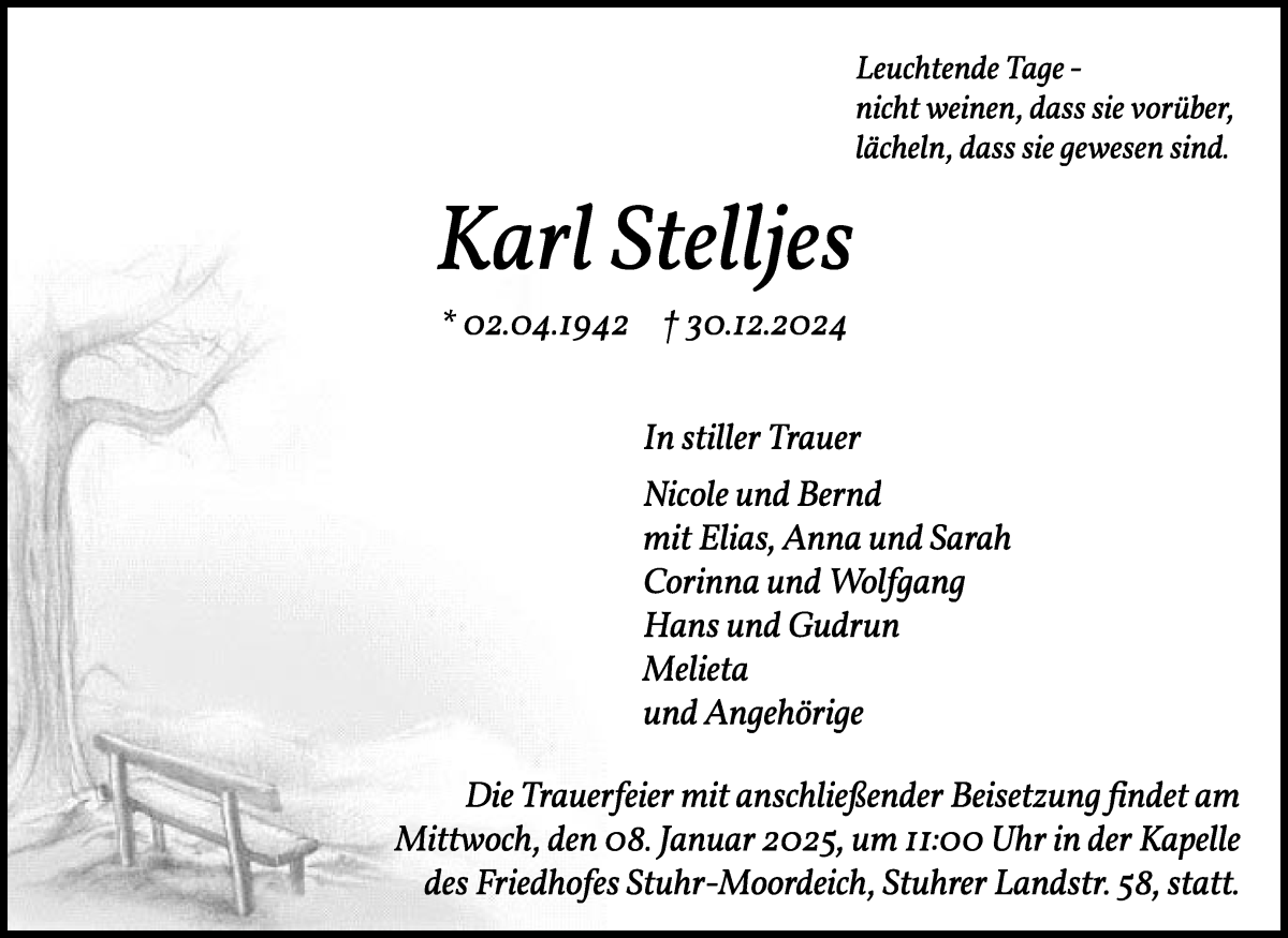 Traueranzeige von Karl Stelljes von WESER-KURIER