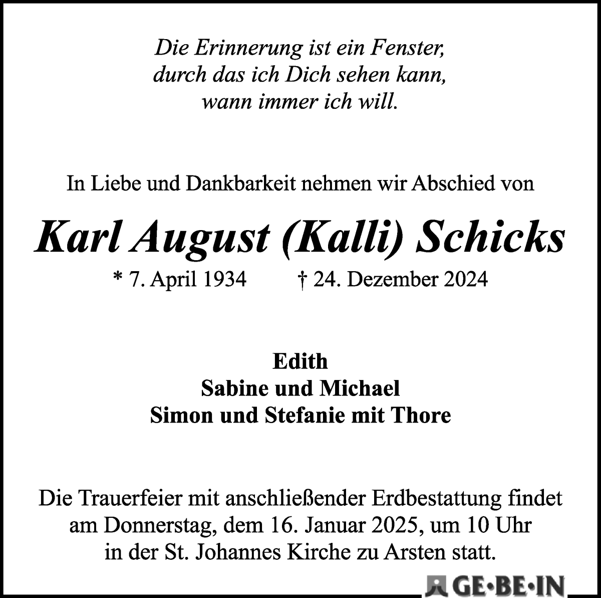 Traueranzeige von Karl August Schicks von WESER-KURIER