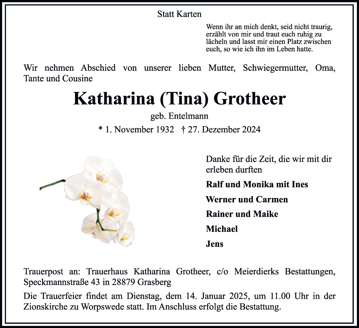 Traueranzeige von Katharina Grotheer von Wuemme Zeitung