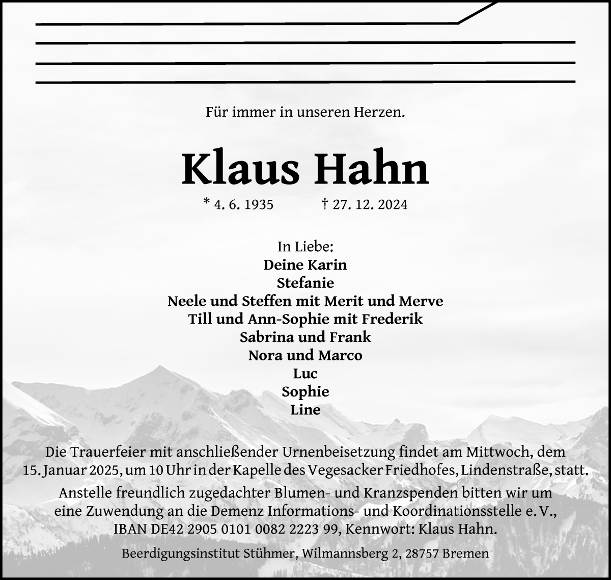 Traueranzeige von Klaus Hahn von Die Norddeutsche