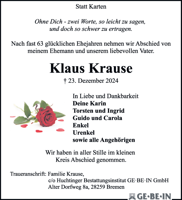 Traueranzeige von Klaus Krause von WESER-KURIER