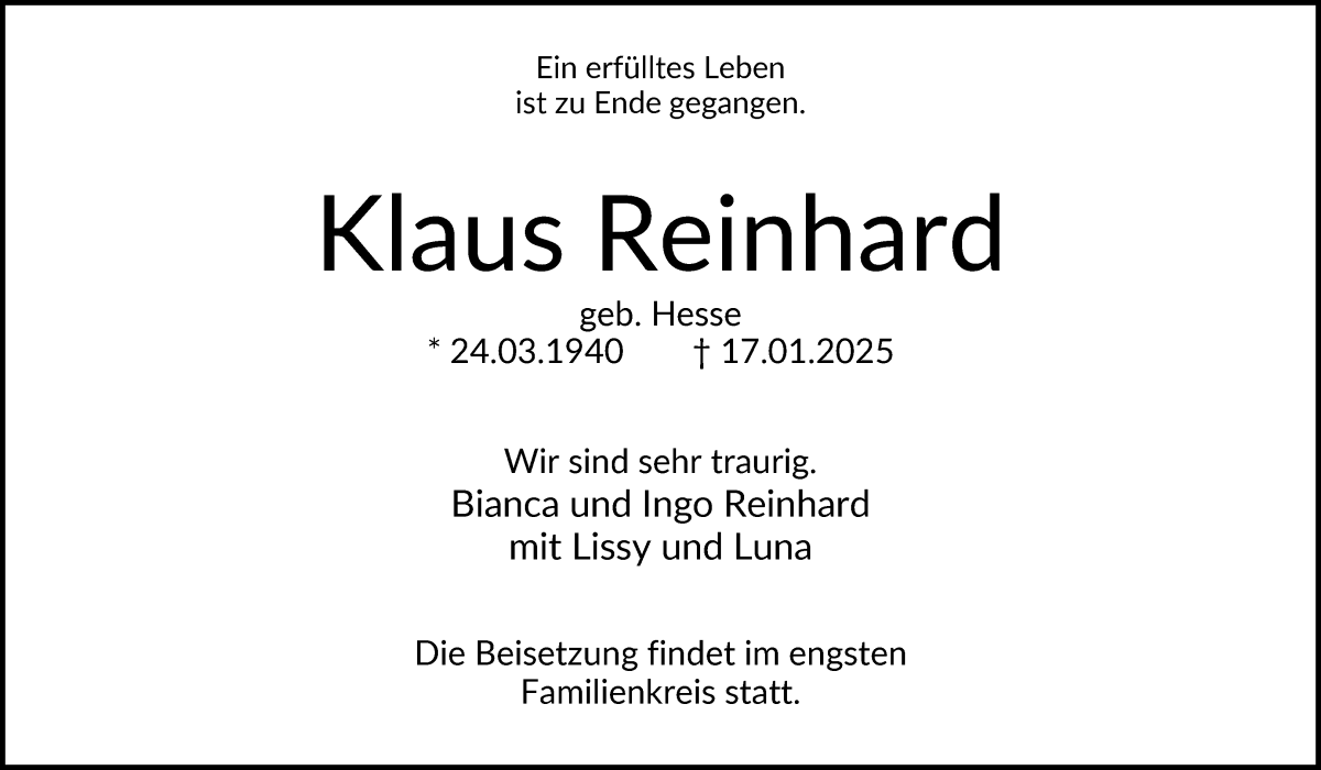 Traueranzeige von Klaus Reinhard von WESER-KURIER