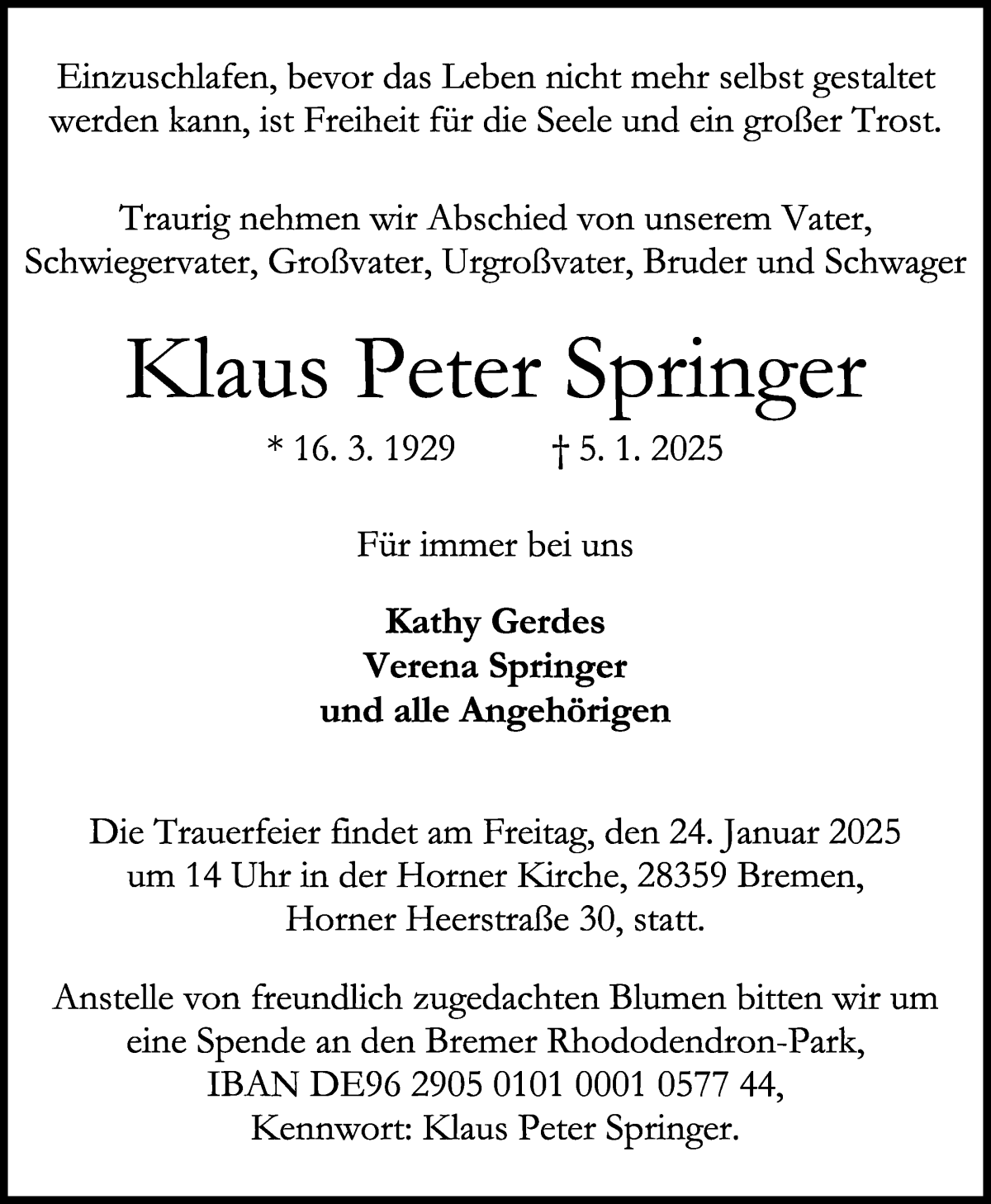 Traueranzeige von Klaus Peter Springer von WESER-KURIER