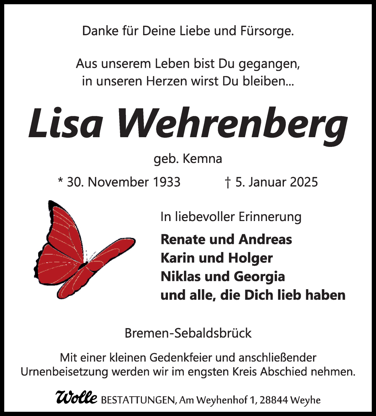 Traueranzeige von Lisa Wehrenberg von WESER-KURIER