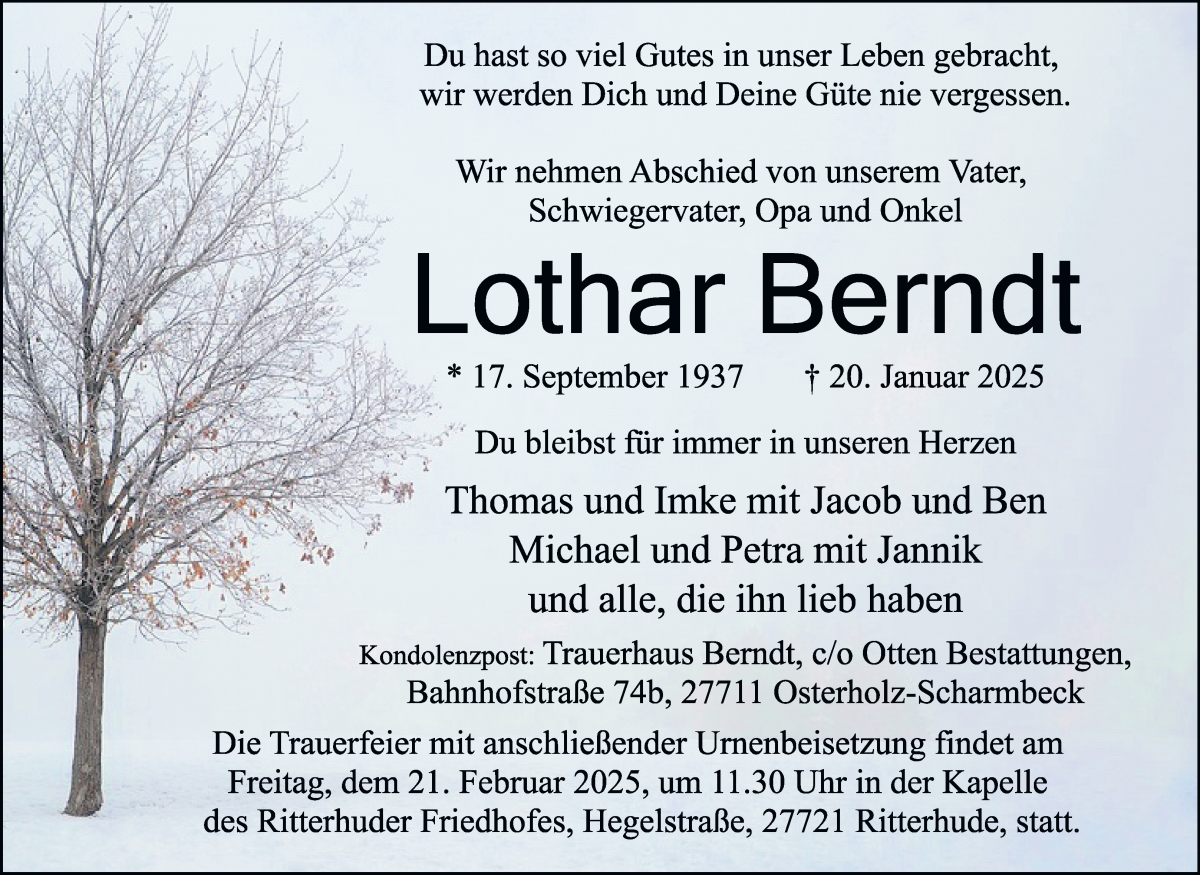 Traueranzeige von Lothar Berndt von Osterholzer Kreisblatt