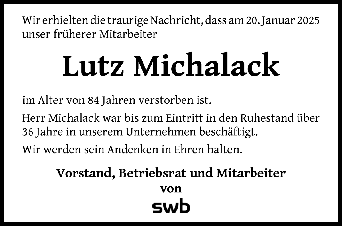 Traueranzeige von Lutz Michalack von WESER-KURIER