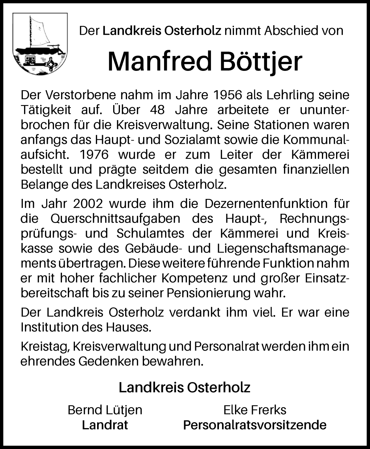 Traueranzeige von Manfred Böttjer von Osterholzer Kreisblatt