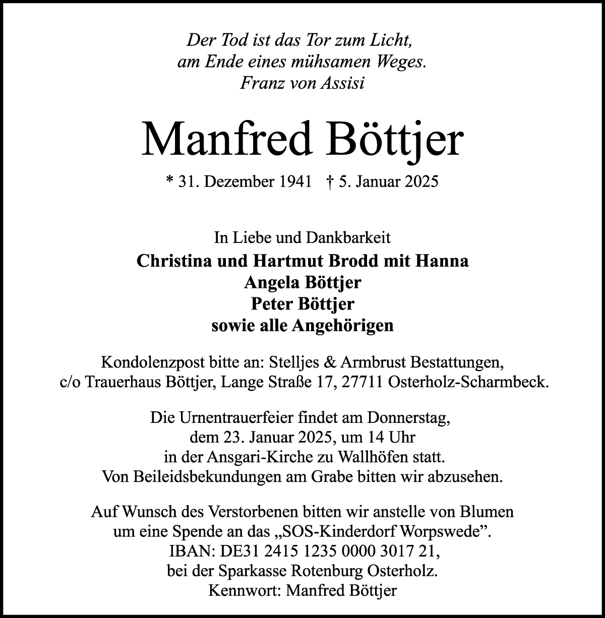 Traueranzeige von Manfred Böttjer von Osterholzer Kreisblatt