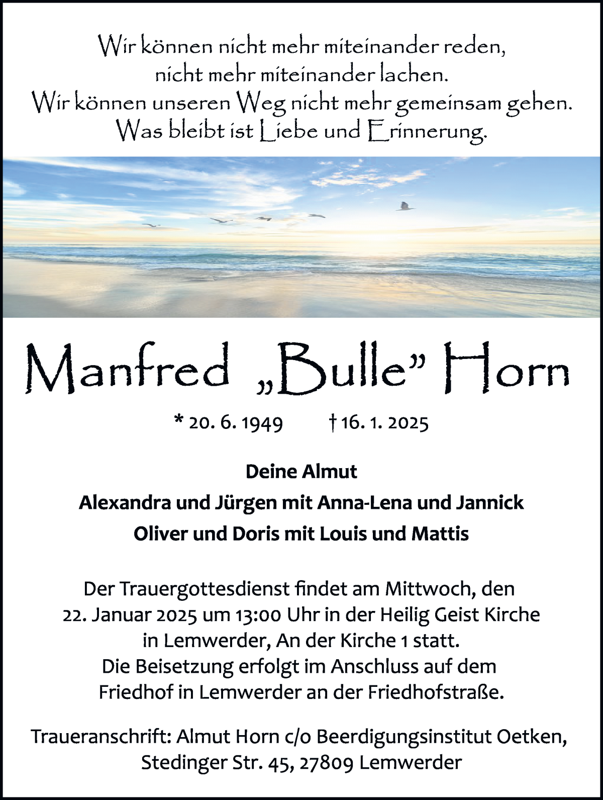 Traueranzeige von Manfred Bulle Horn von Die Norddeutsche