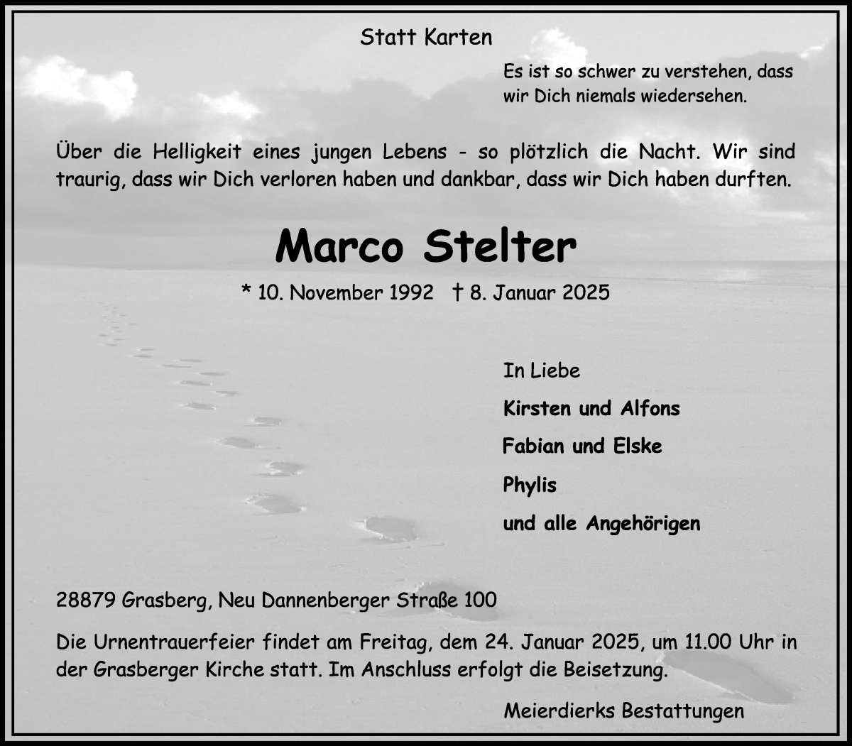 Traueranzeige von Marco Stelter von Wuemme Zeitung