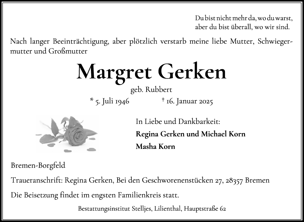 Traueranzeige von Margret Gerken von Wuemme Zeitung