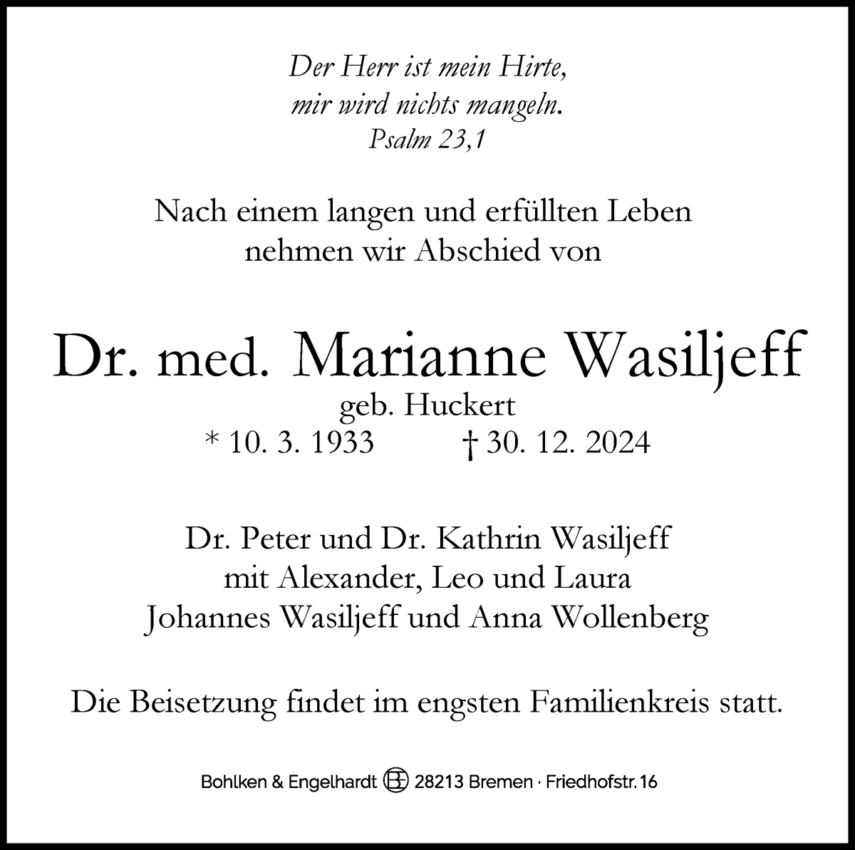 Traueranzeige von Marianne Wasiljeff von WESER-KURIER