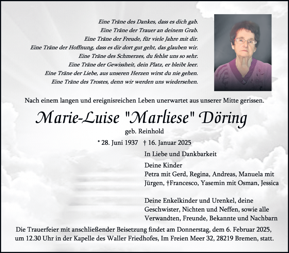 Traueranzeige von Marie-Luise Döring von WESER-KURIER