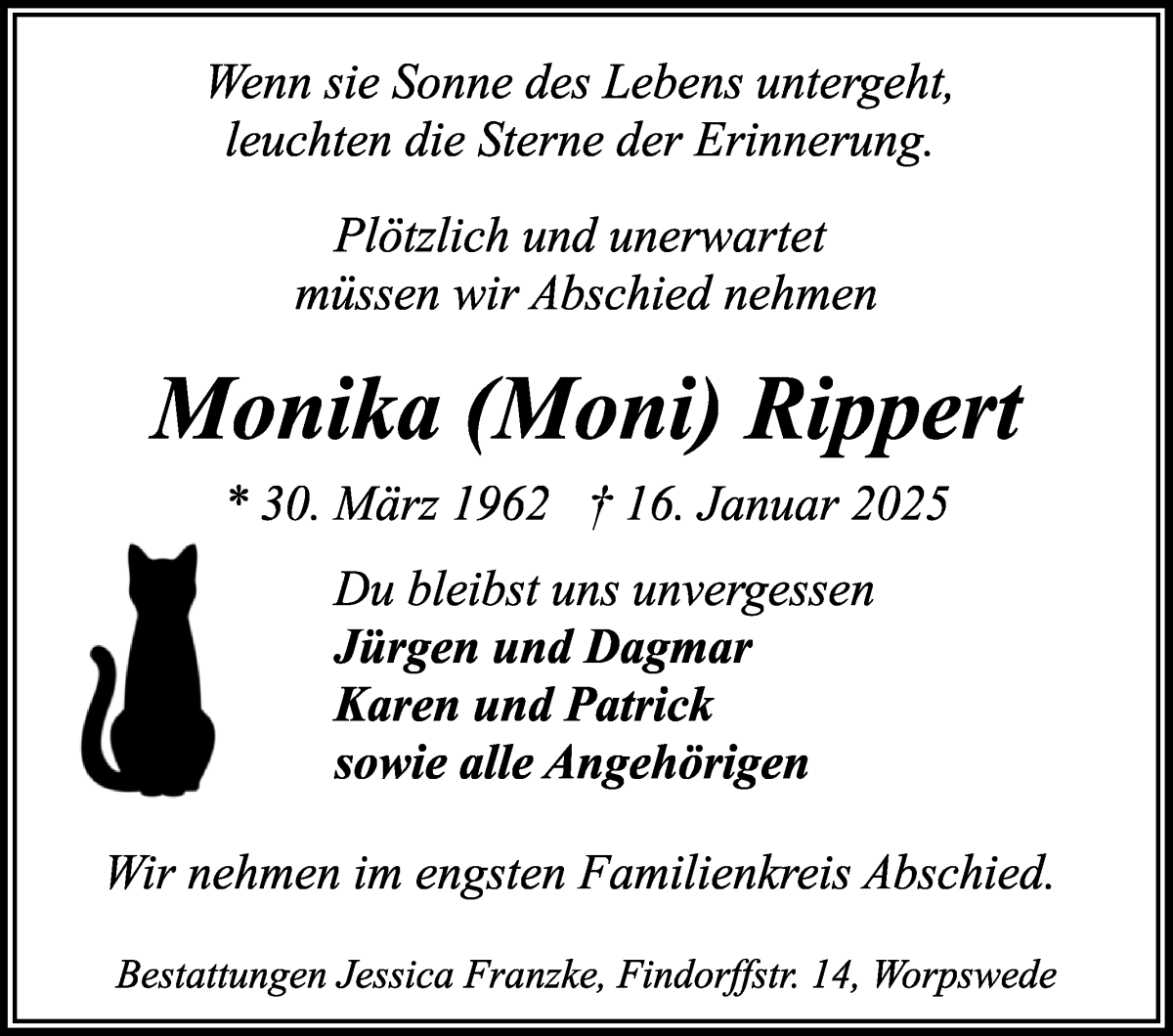 Traueranzeige von Monika (Moni) Rippert von WESER-KURIER