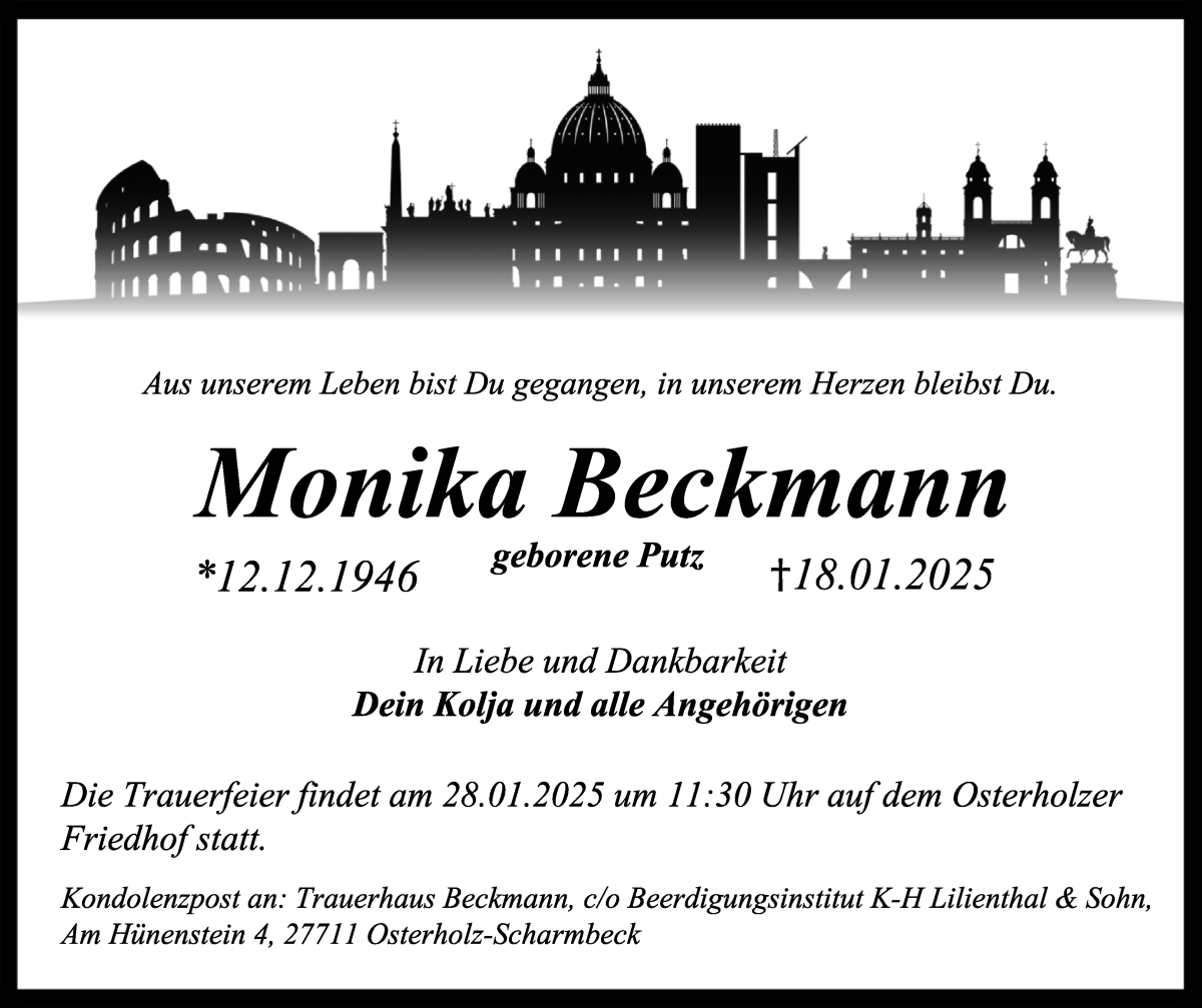 Traueranzeige von Monika Beckmann von Osterholzer Kreisblatt