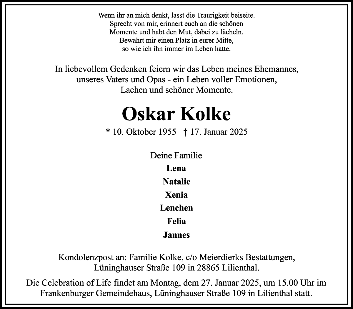 Traueranzeige von Oskar Kolke von Wuemme Zeitung