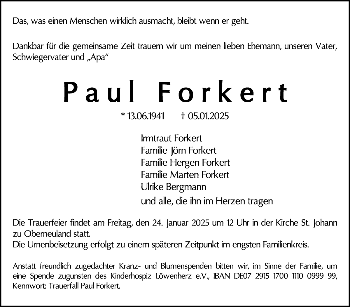 Traueranzeige von Paul Forkert von WESER-KURIER