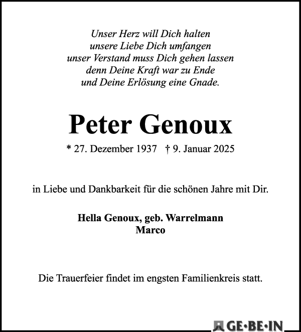 Traueranzeige von Peter Genoux von WESER-KURIER