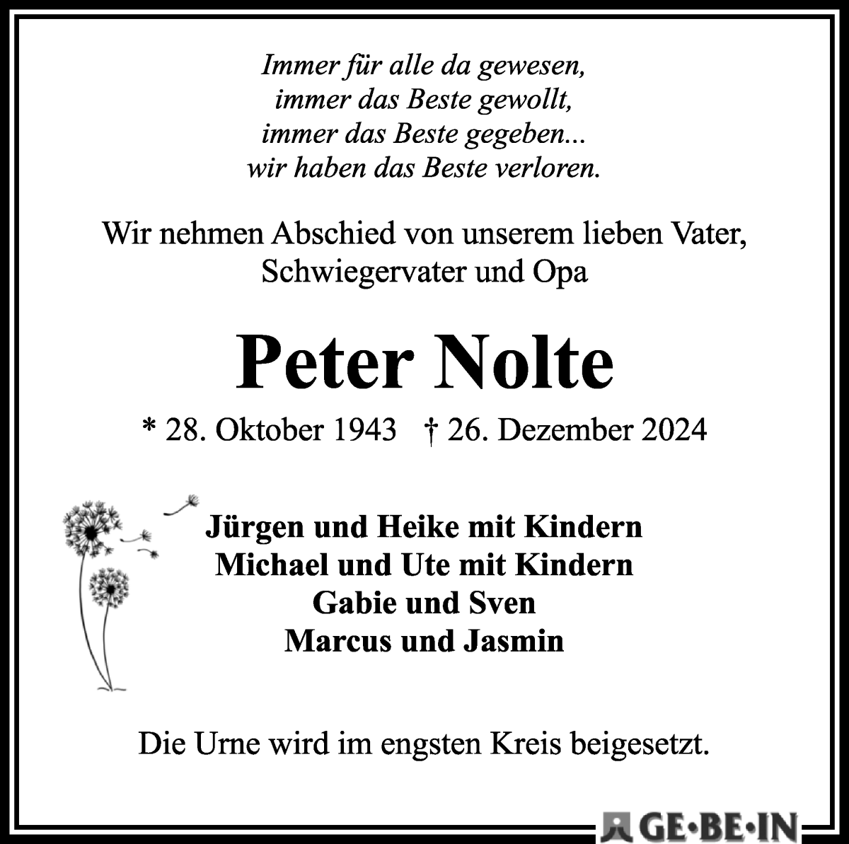 Traueranzeige von Peter Nolte von WESER-KURIER