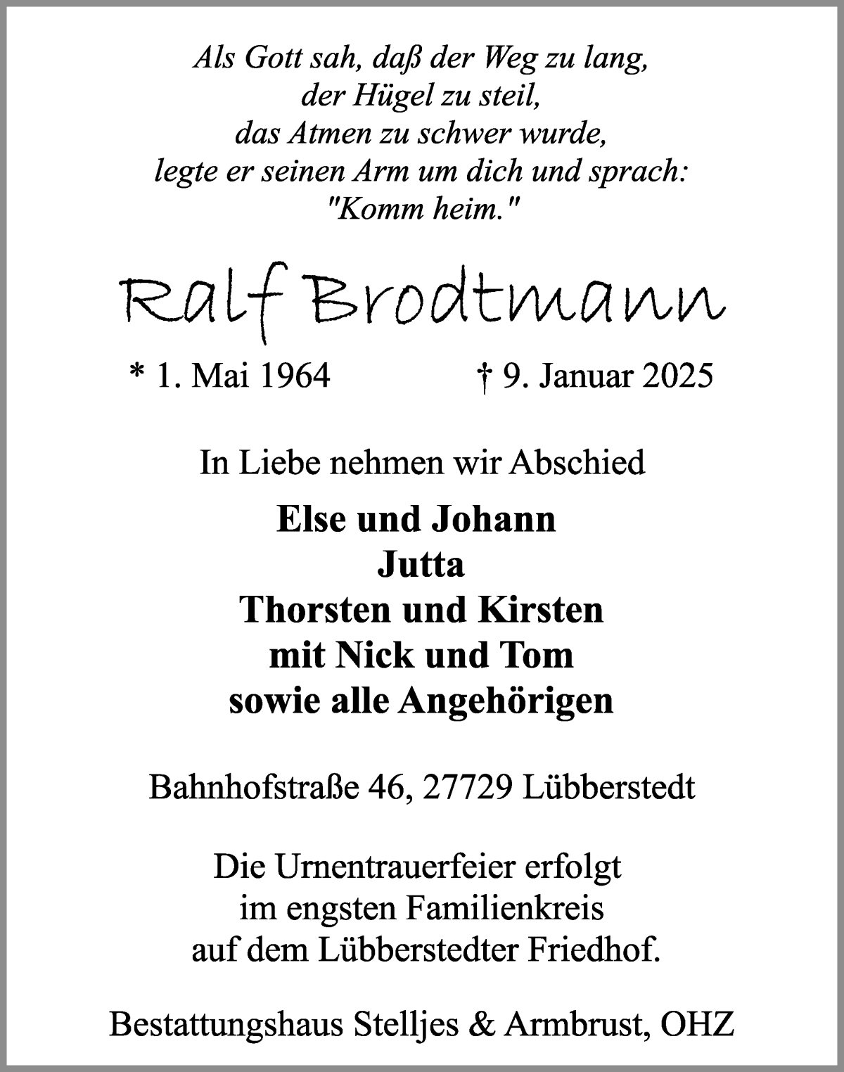 Traueranzeige von Ralf Brodtmann von Osterholzer Kreisblatt