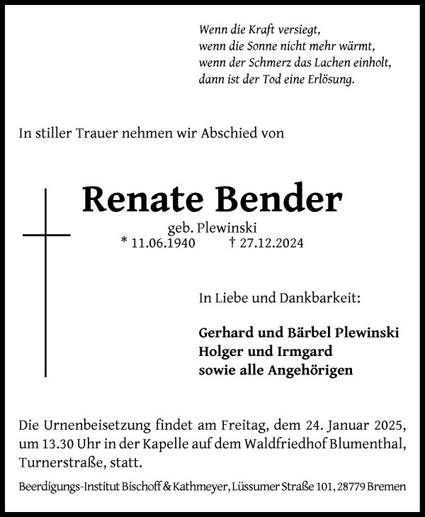 Traueranzeige von Renate Bender von Die Norddeutsche