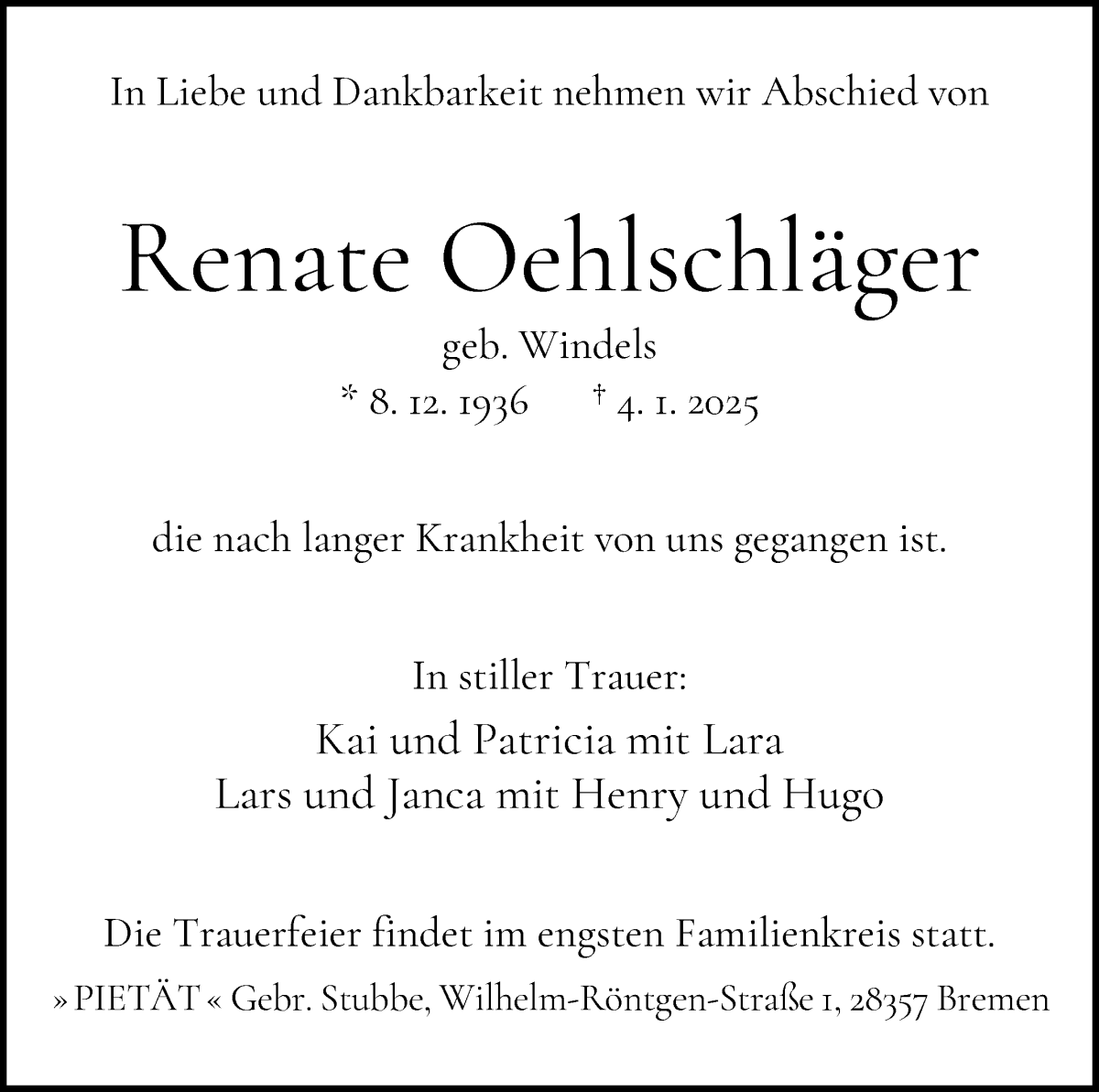 Traueranzeige von Renate Oehlschläger von WESER-KURIER