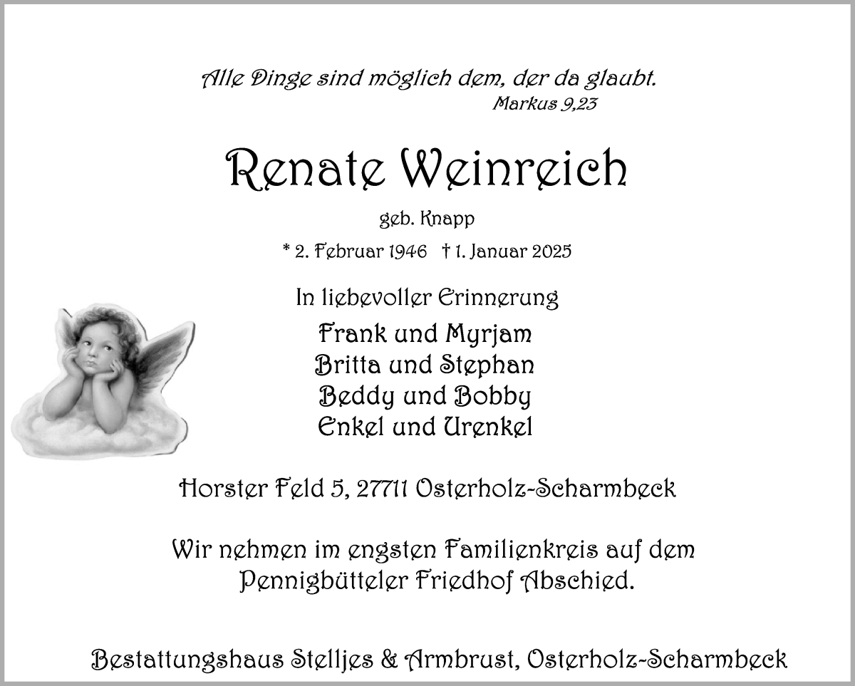 Traueranzeige von Renate Weinreich von Osterholzer Kreisblatt