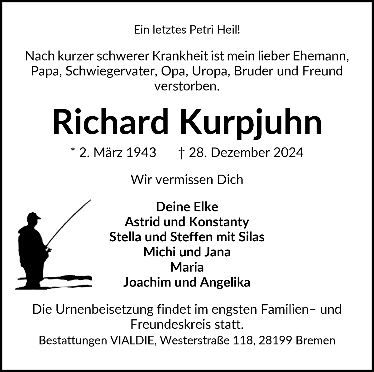 Traueranzeige von Richard Kurpjuhn von Die Norddeutsche