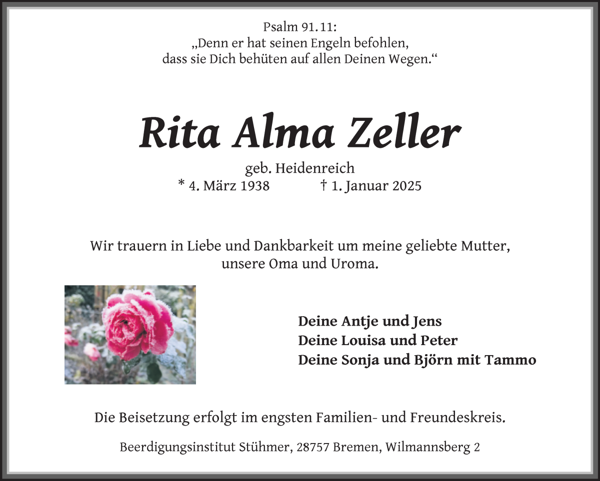 Traueranzeige von Rita Alma Zeller von Die Norddeutsche