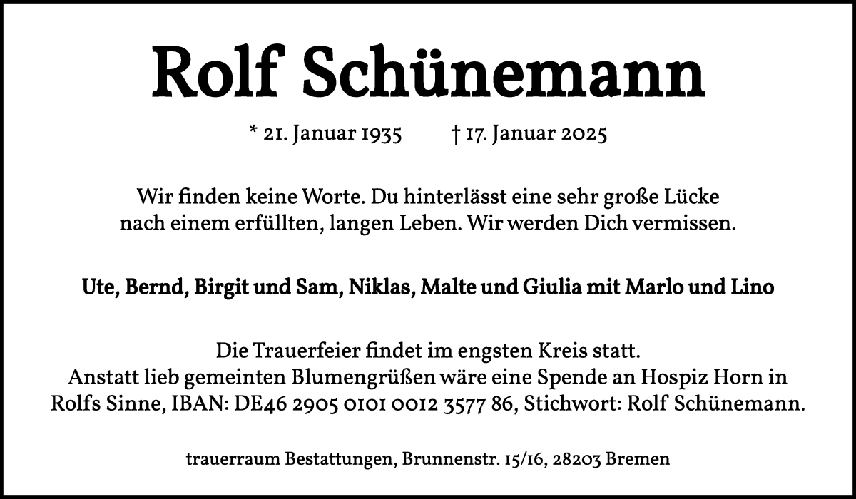 Traueranzeige von Rolf Schünemann von WESER-KURIER