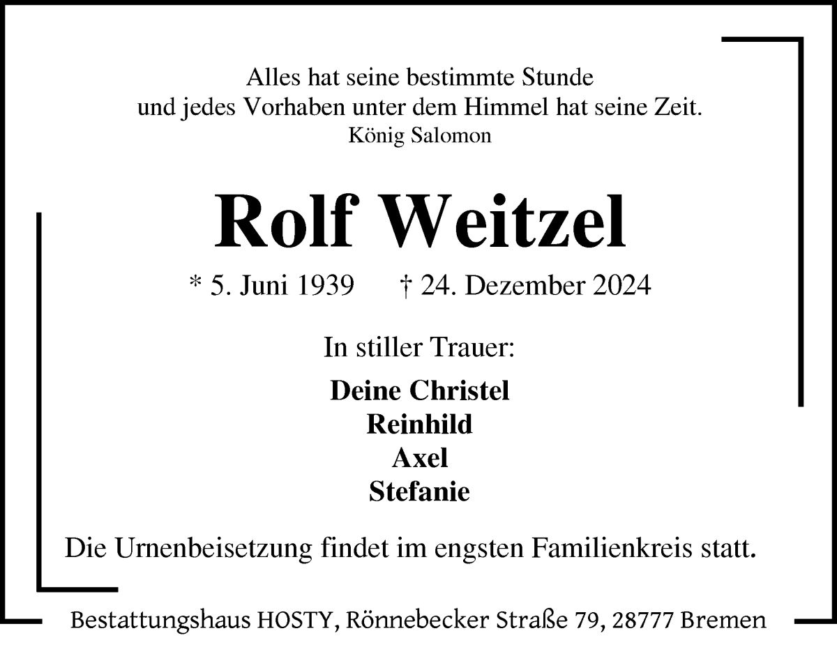 Traueranzeige von Rolf Weitzel von Die Norddeutsche