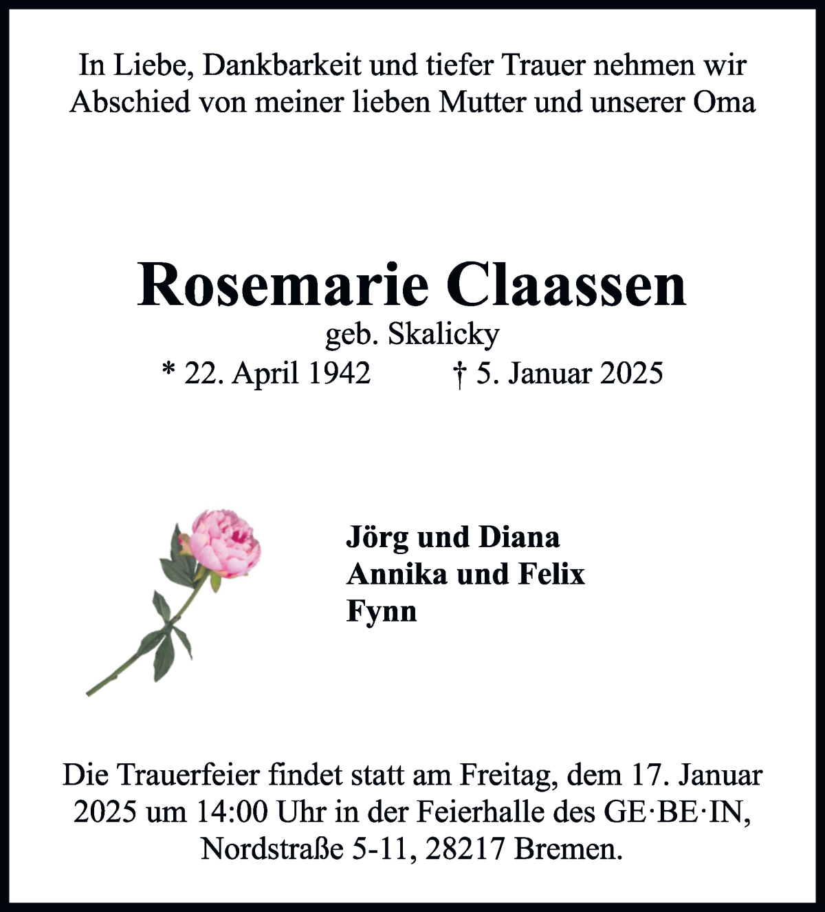 Traueranzeige von Rosemarie Claassen von WESER-KURIER