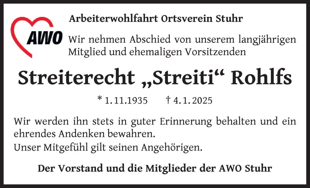 Traueranzeige von Streiterecht Rohlfs von Regionale Rundschau/Syker Kurier