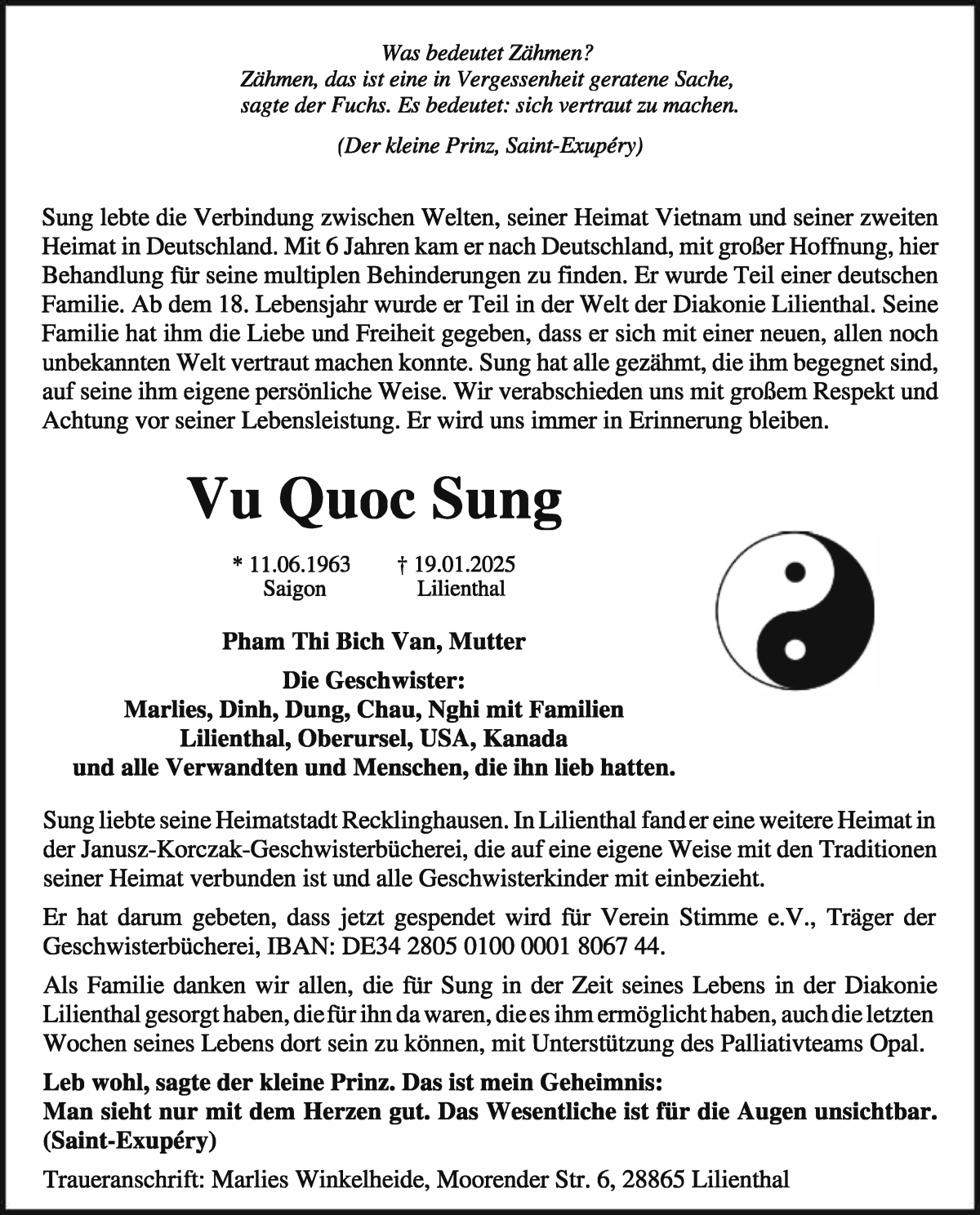 Traueranzeige von Sung Vu Quoc von Wuemme Zeitung