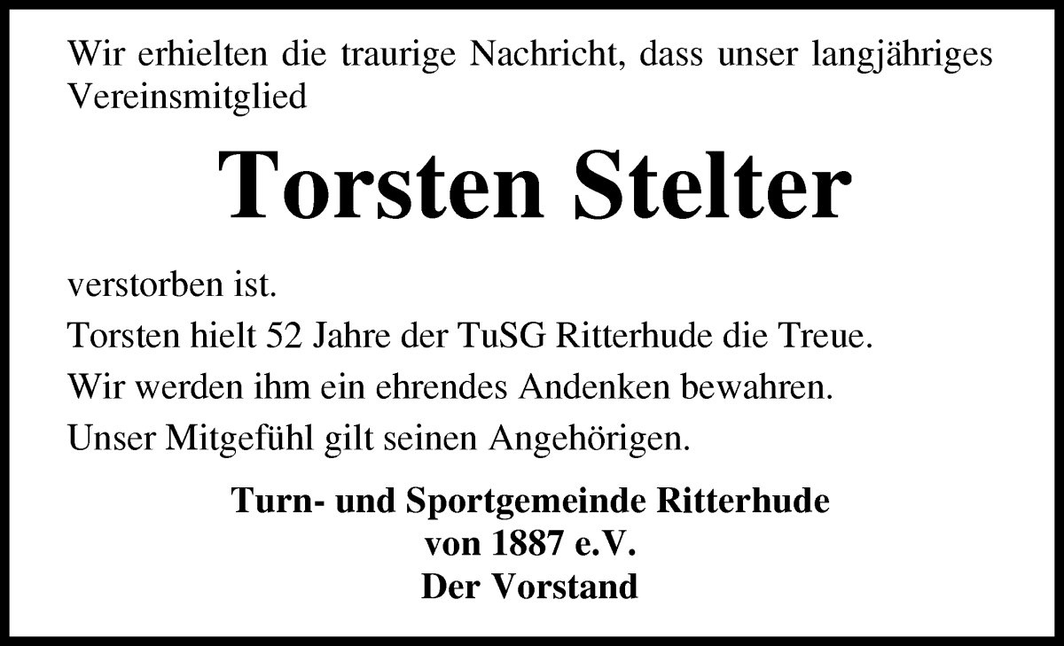 Traueranzeige von Torsten Stelter von Osterholzer Kreisblatt