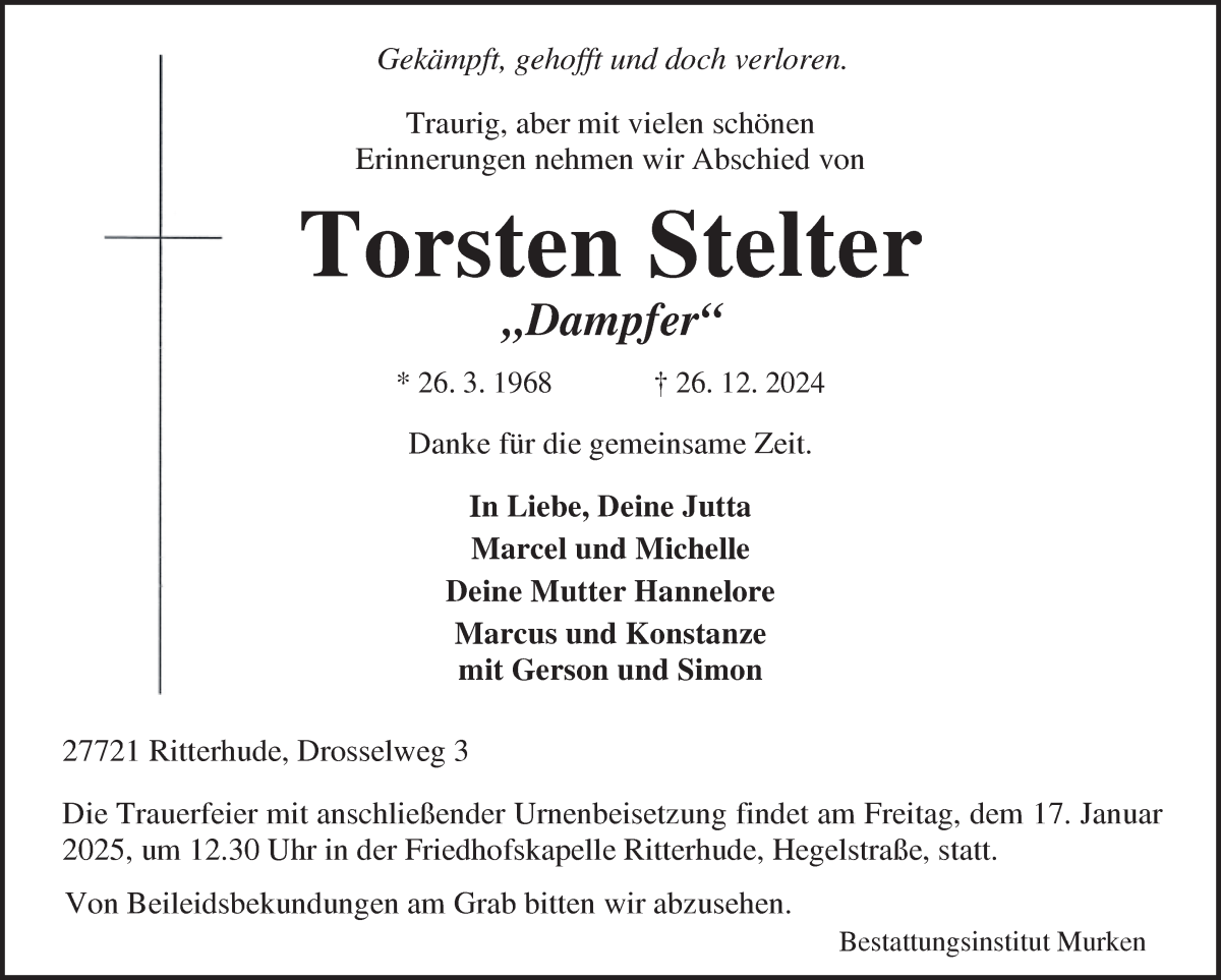 Traueranzeige von Torsten Stelter von Osterholzer Kreisblatt