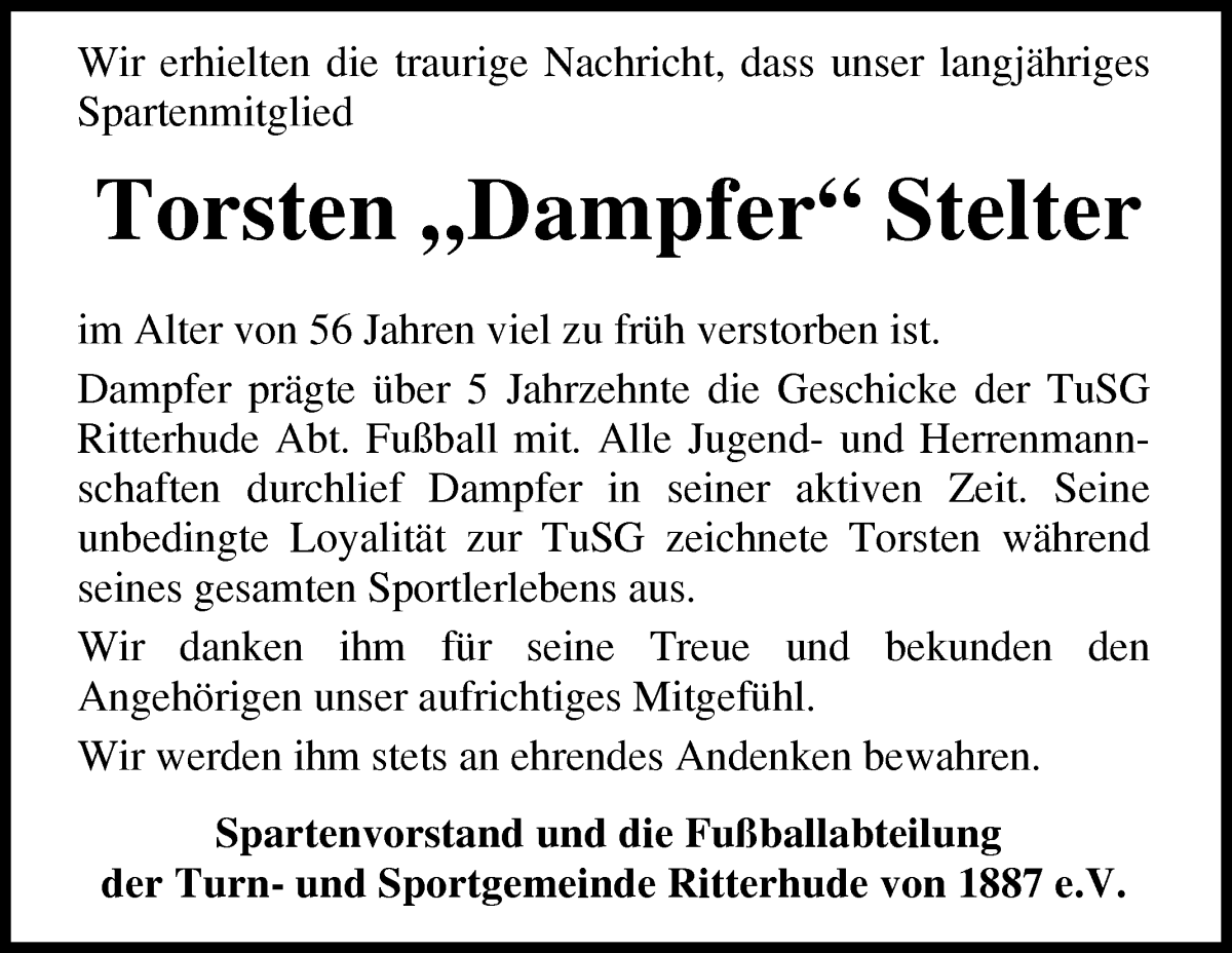 Traueranzeige von Torsten Stelter von Osterholzer Kreisblatt