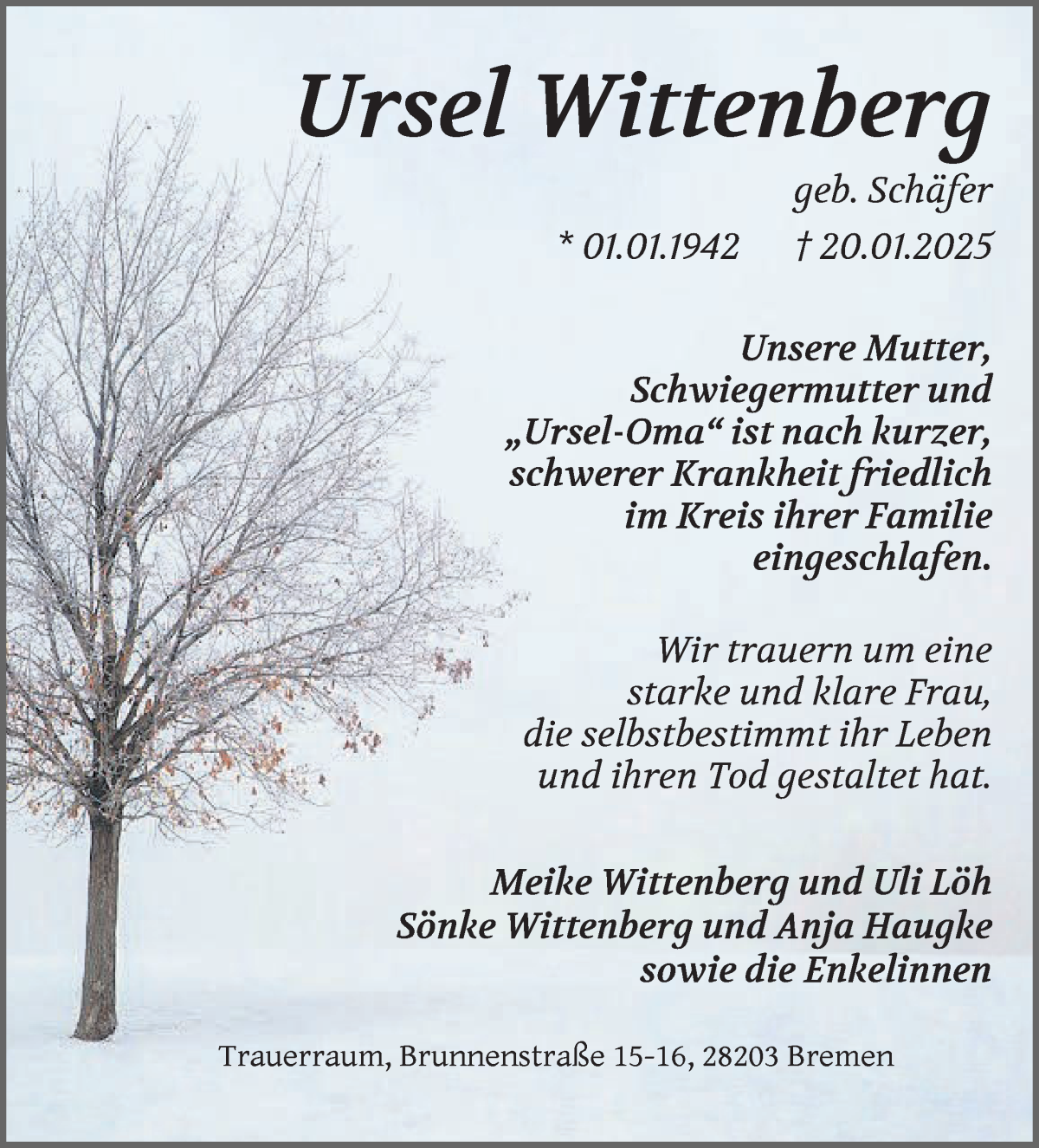 Traueranzeige von Ursel Wittenberg von WESER-KURIER