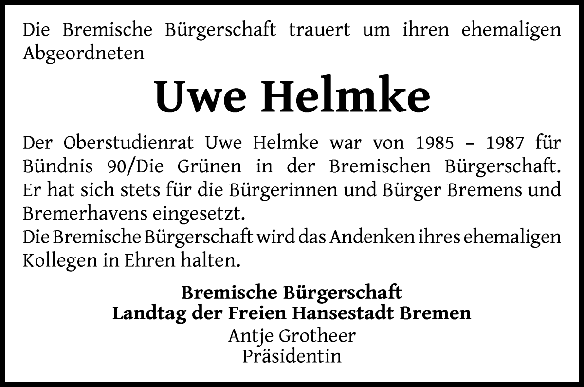 Traueranzeige von Uwe Helmke von WESER-KURIER