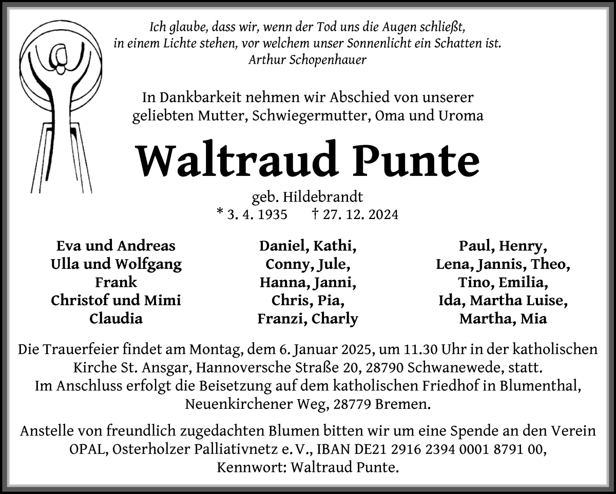 Traueranzeige von Waltraud Punte von Die Norddeutsche