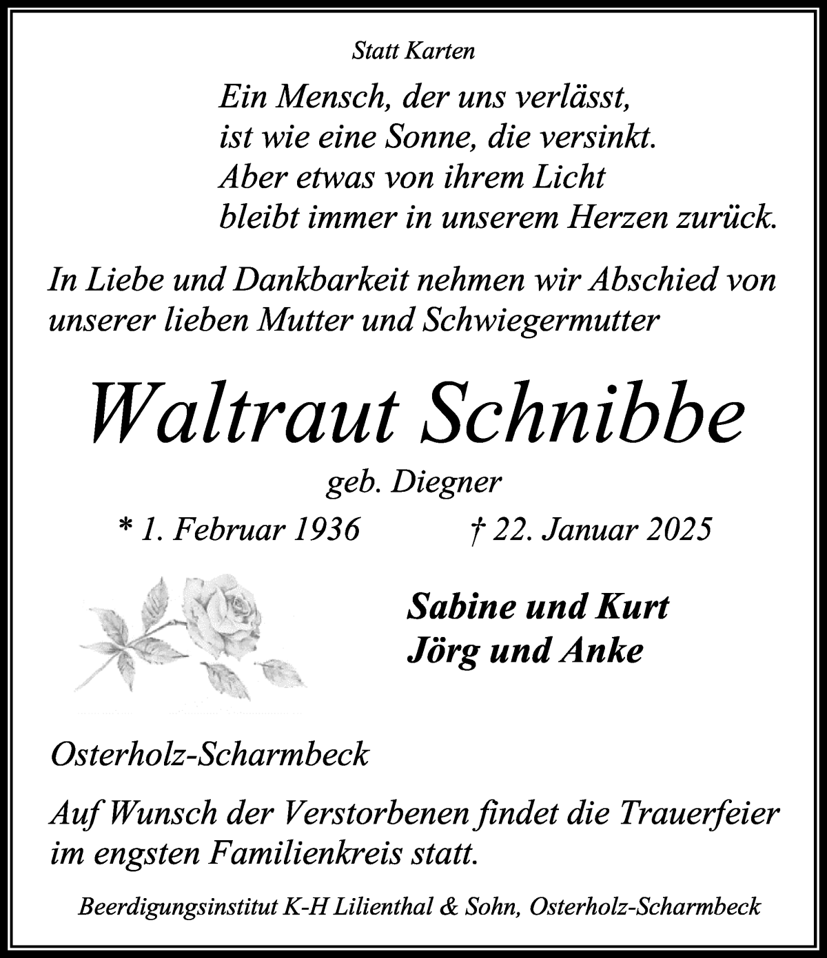 Traueranzeige von Waltraut Schnibbe von Osterholzer Kreisblatt