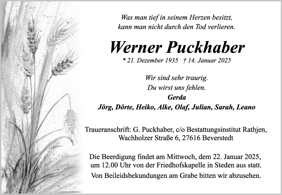 Traueranzeige von Werner Puckhaber von Osterholzer Kreisblatt